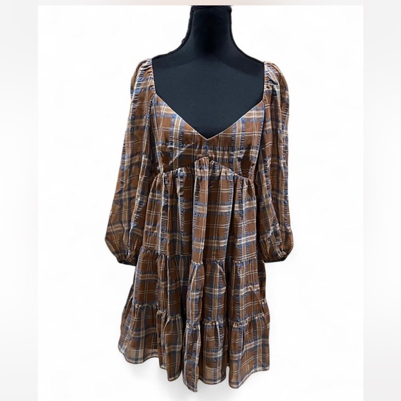 Gianni Bini Brown Plaid Puff-Sleeve Tiered Mini Dress - Picture 2 of 5